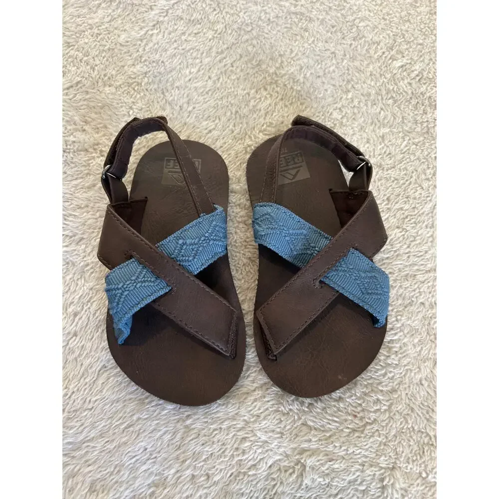Reef Flip Flops 7/8 Toddler Brown Blue Embroidered Strap Back Hook and Loop